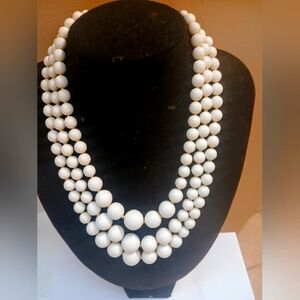 Vintage Japan 3 Strand White Glass Bead Necklace